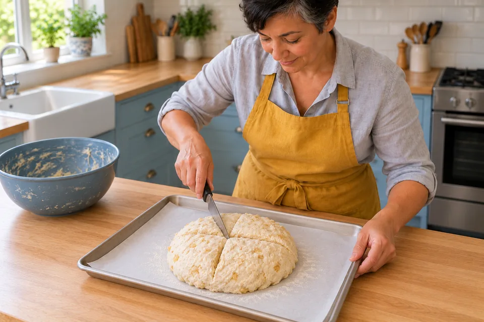 A deep cross divides the top of one broad raw soda loaf.