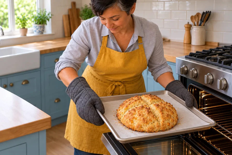 The cook holds one tray with a golden soda loaf and an opened cross.