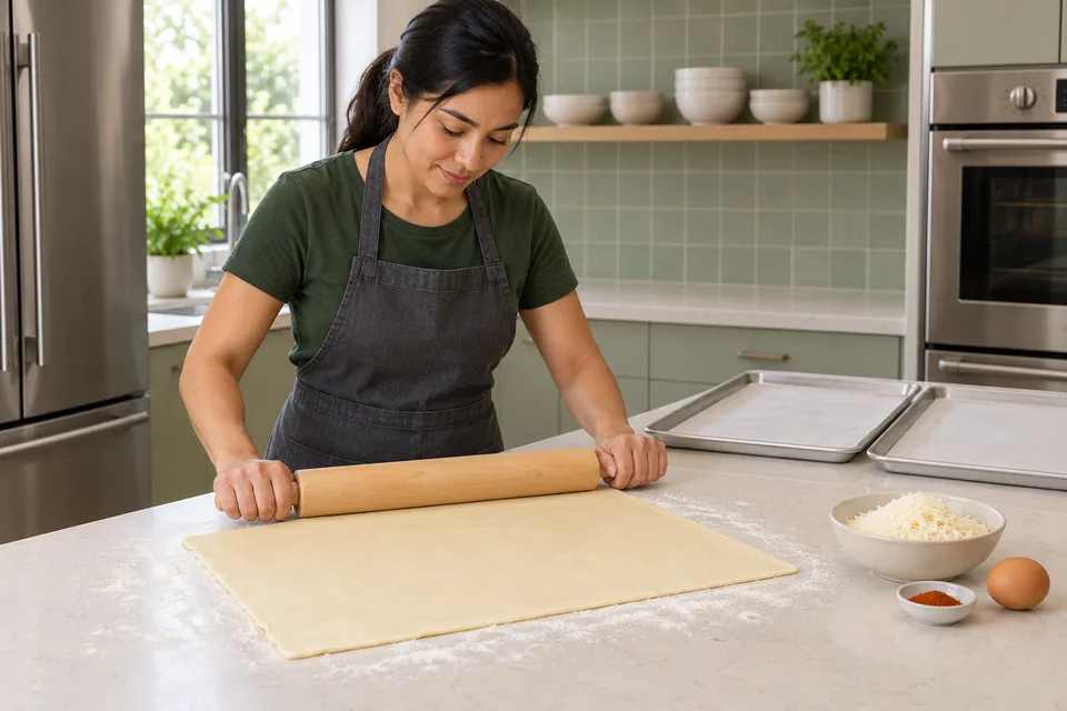 Cook rolling a thin rectangular sheet of puff pastry beside two lined baking trays.