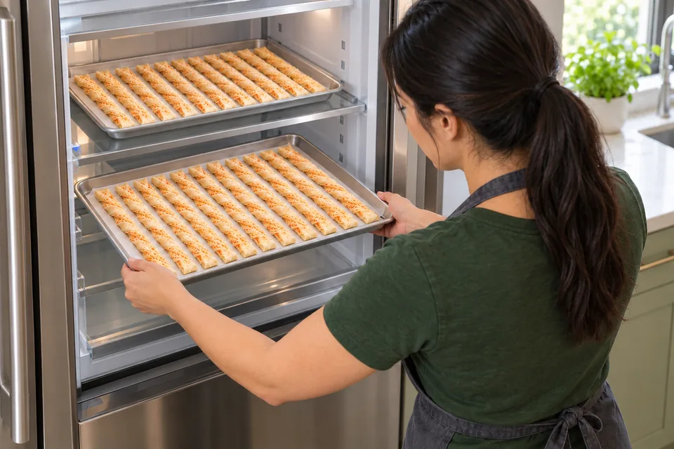 Cook placing a tray of raw pastry twists into a refrigerator with the second tray inside.