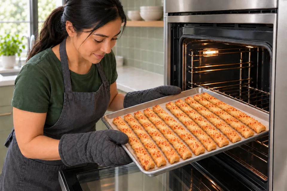 Cook drawing a tray of ten golden puff-pastry twists from the oven with gloves.