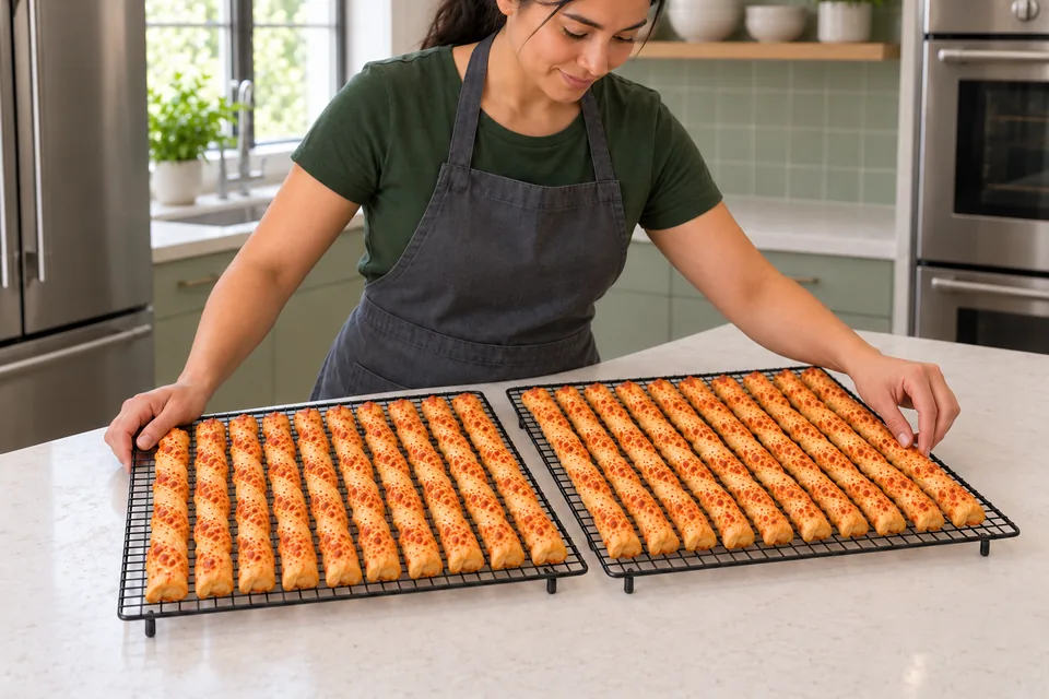 Twenty golden pastry twists on two cooling racks, ten in each group.