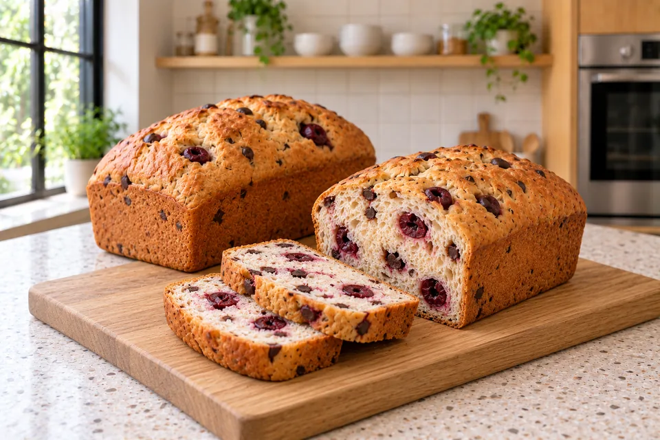 Two golden small loaves and two slices show dark chocolate and sour cherry pockets.