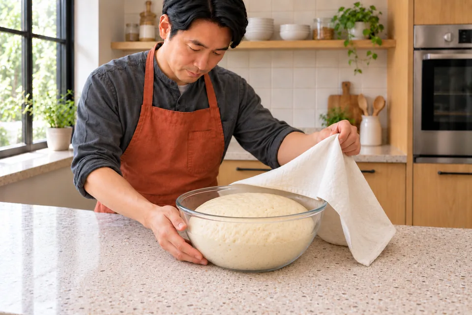 Cook lifts a cloth above risen pale dough in a clear bowl.