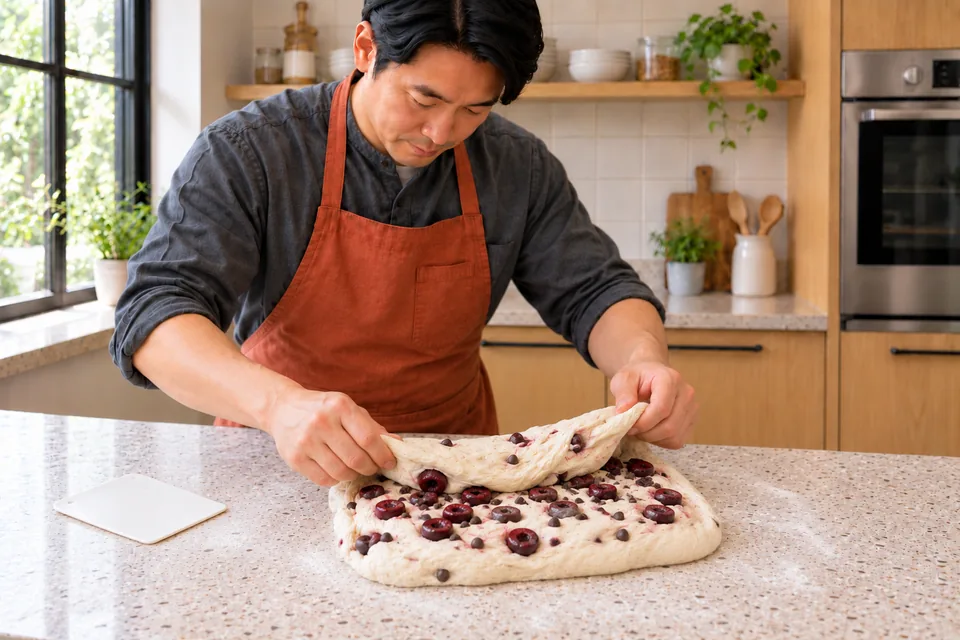 Hands fold cherry halves and dark chips into pale dough.