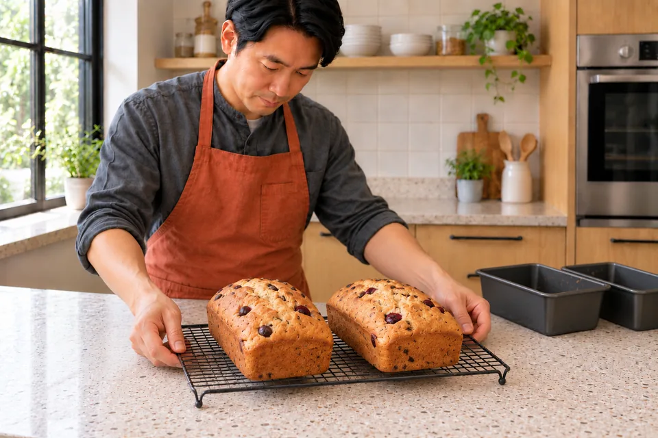 Two small golden chocolate-cherry loaves cool on a wire rack.