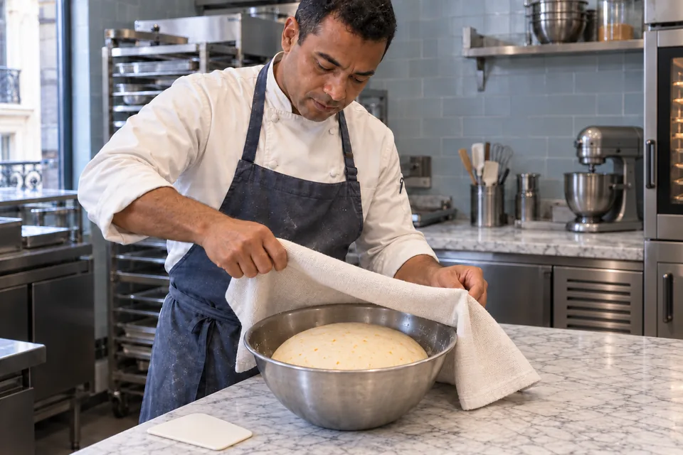 The pastry chef lifts a cover from one modest orange-zest dough batch in a steel bowl.