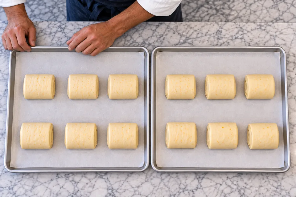 Twelve small rectangular chocolate rolls are arranged six per lined tray.