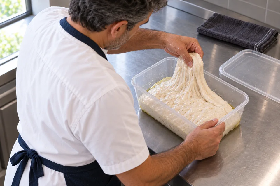 Wet hands lifting a stretchy side of ciabatta dough in a straight-sided container.