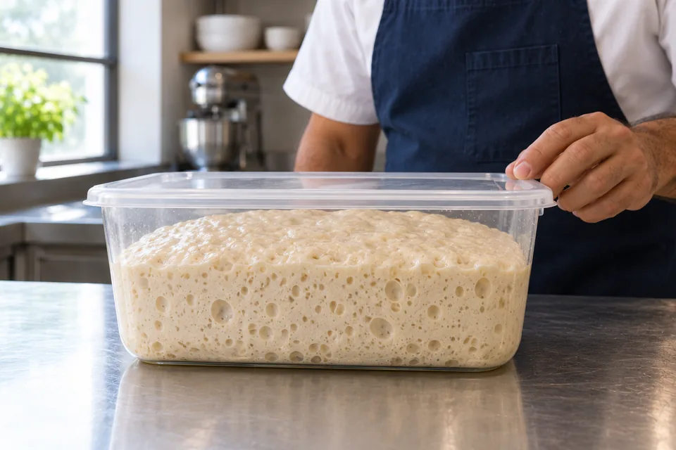 Bubbly expanded ciabatta dough beneath the clear lid of a straight-sided container.