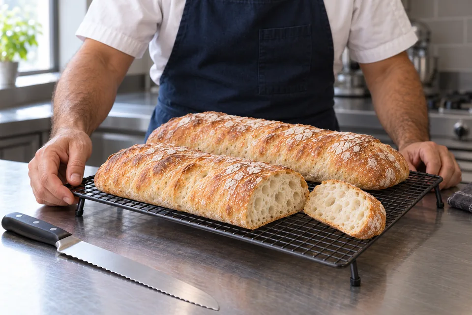 Two ciabatta loaves on a cooling rack, one with a matching cut slice showing an open crumb.
