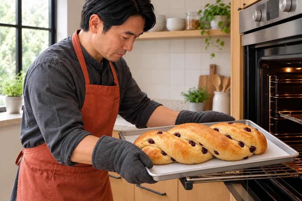 The cook holds a tray with one browned citrus-and-cherry twist.
