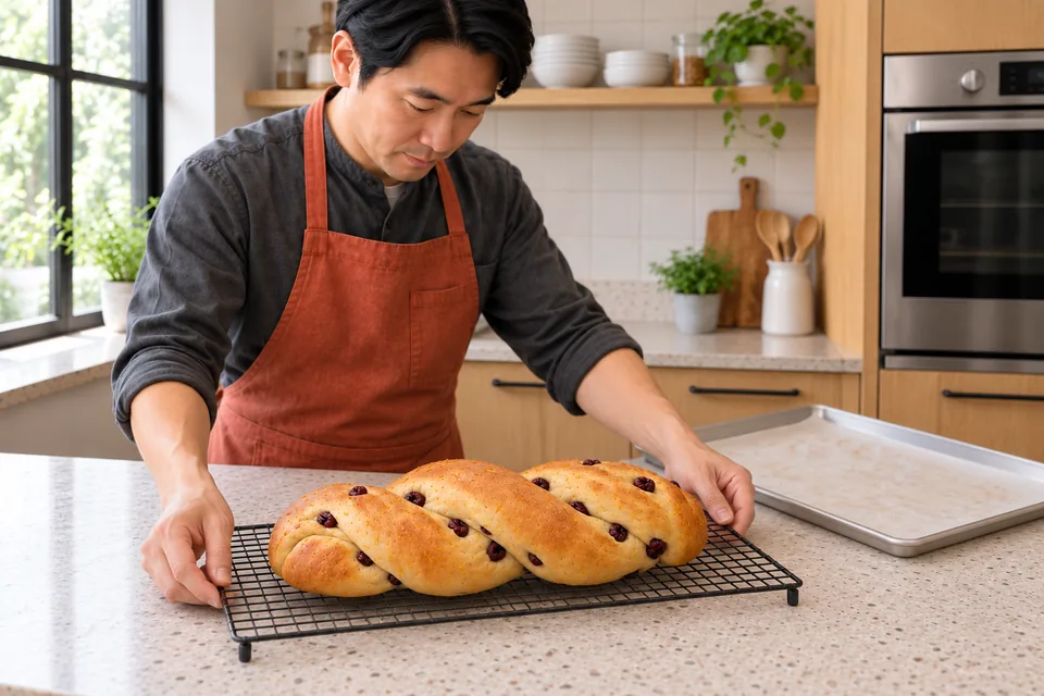 A whole citrus-and-cherry twist cools on a rack.