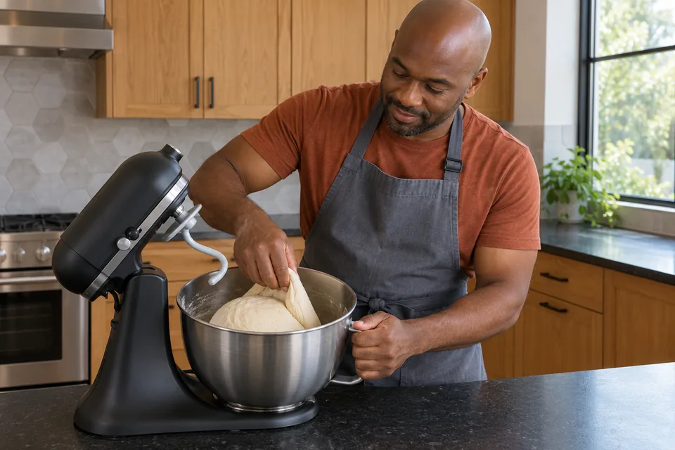 The cook folds a short flap of smooth pale dough into the steel bowl of a stopped mixer.