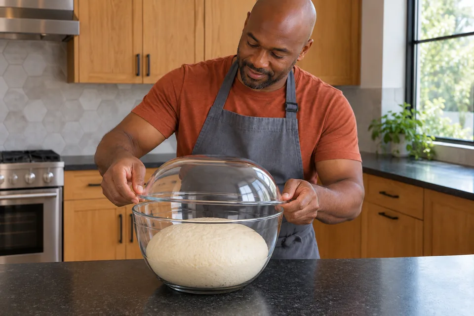 The cook lowers a clear cover over a smoothly domed pale dough in a glass bowl.