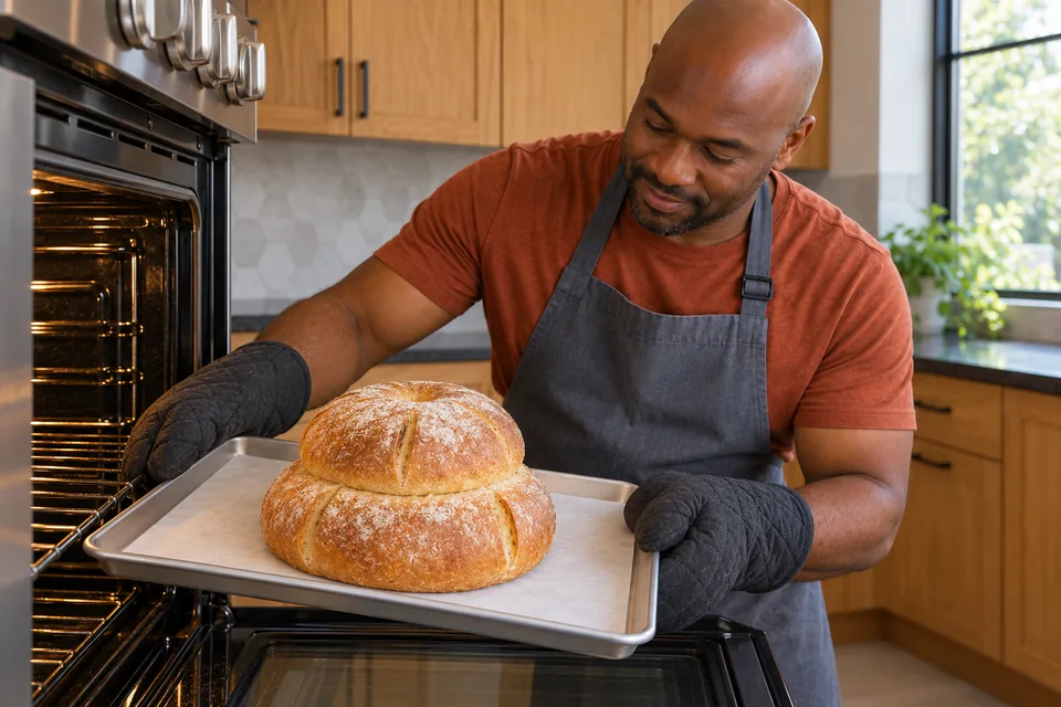 Using two oven mitts, the cook holds a tray with one golden two-tier loaf, a centred top and opened vertical side cuts.