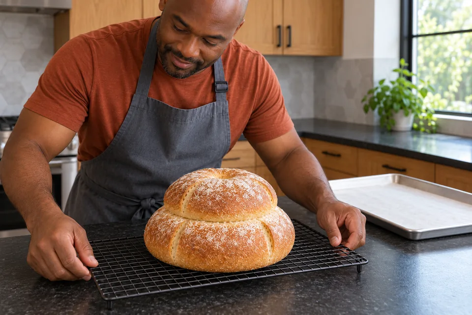 The cook steadies a wire rack holding one whole golden two-tier cottage loaf beside its empty tray.
