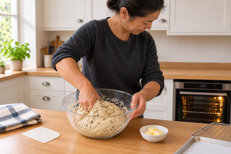 The cook mixes a lightly tan dough with fine green oregano flecks, with butter still separate.