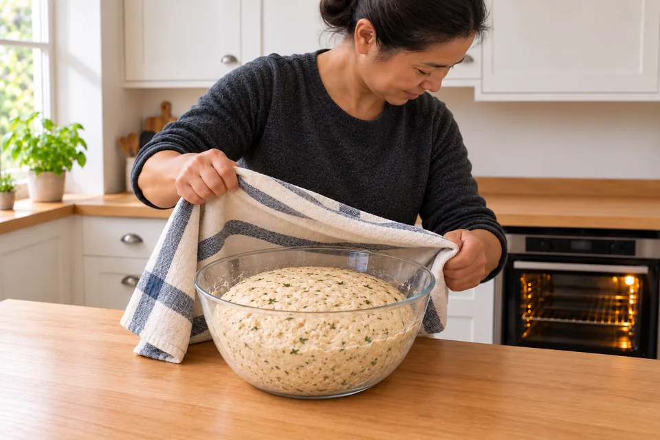 The cook uncovers an expanded mound of oregano dough in the clear bowl.