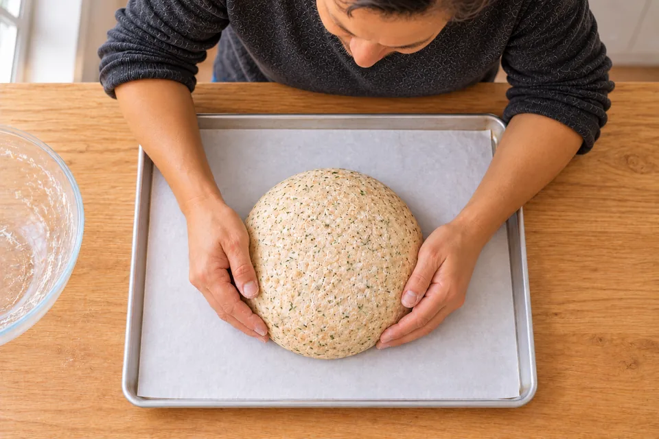 One lightly floured oregano round rests on a paper-lined aluminum tray.