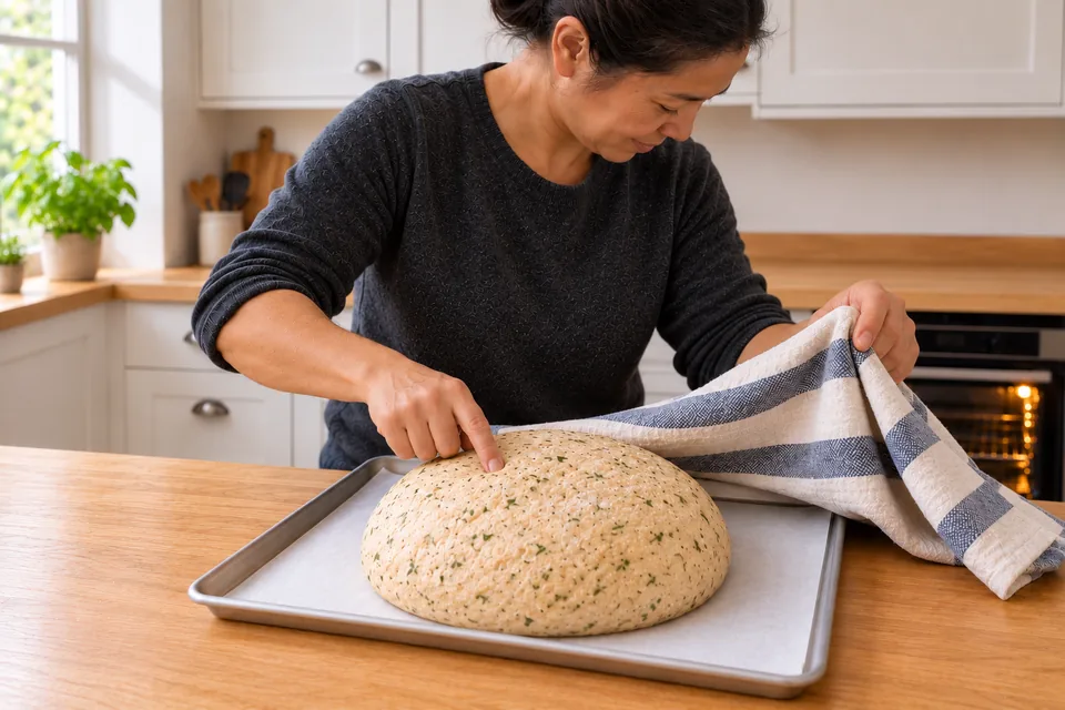 The cook lightly touches the risen round loaf beside the lifted striped cloth.