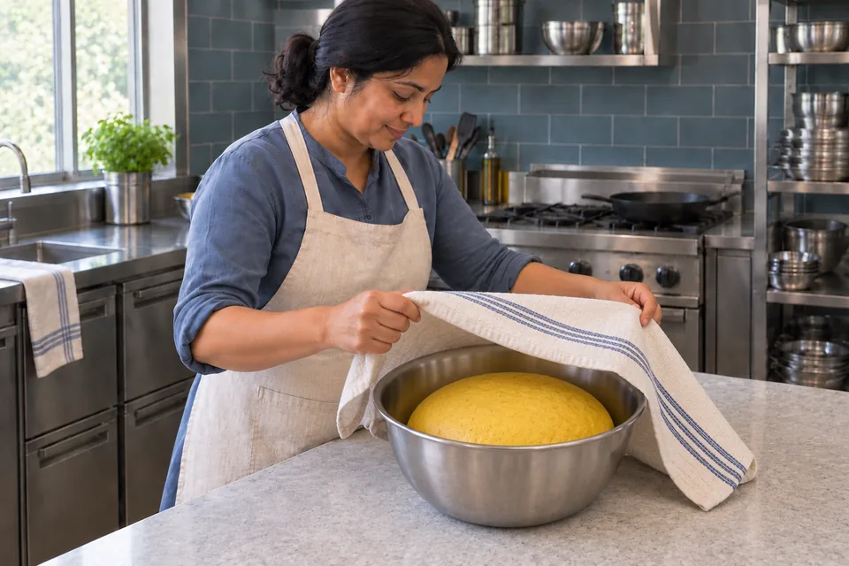 A lifted cover reveals airy yellow dough in a steel bowl.