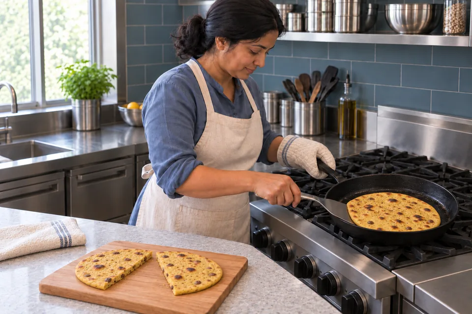 One naan cooks in a lightly oiled pan beside the opened first bread.
