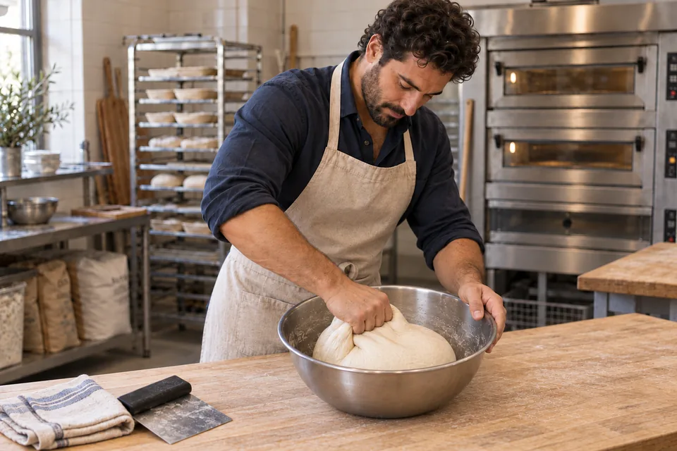 The cook kneads plain white olive-oil dough before adding any inclusions.