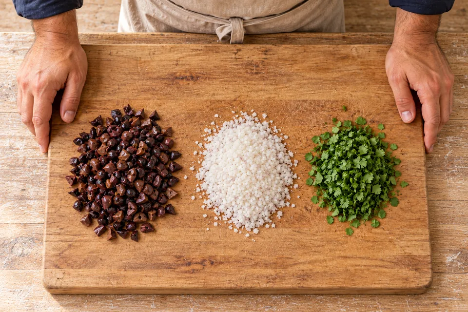 Prepared black olive pieces, finely minced onion and chopped fresh coriander wait separately.