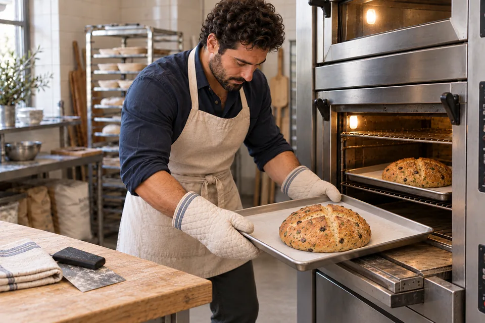Two cross-scored loaves bake on separate trays in the same oven chamber.