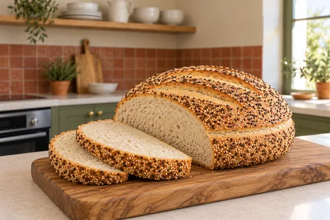 Two slices show the plain set crumb beneath a mixed-seed crust.