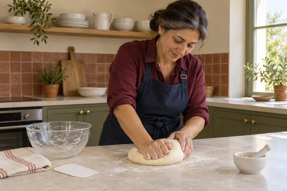 The cook kneads smooth dough beside the used mortar.