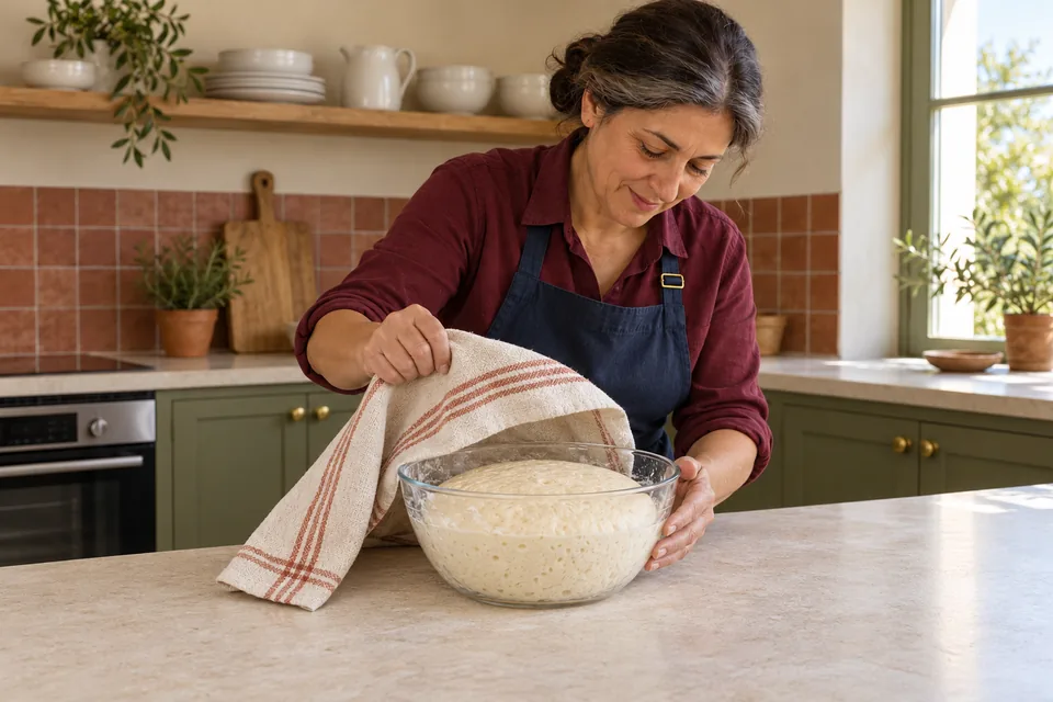 The dough is visibly aerated and roughly doubled.
