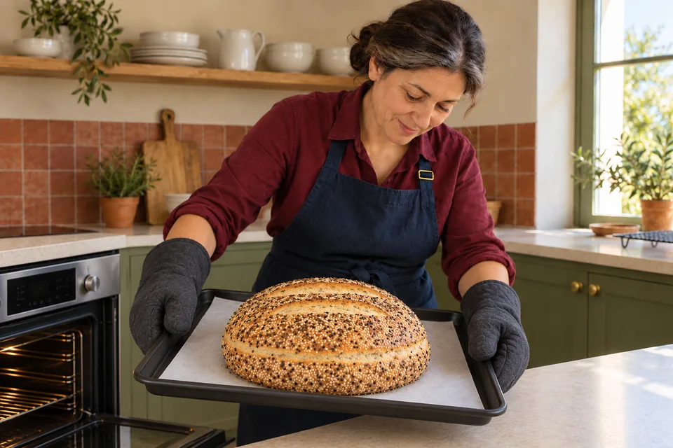 The baked loaf has toasted seeds and opened shallow cuts.