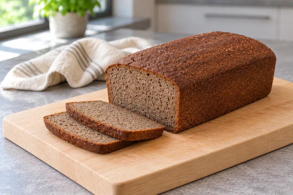 Dark-brown rectangular rye loaf and two thin slices on a wooden board, showing the close brown crumb.