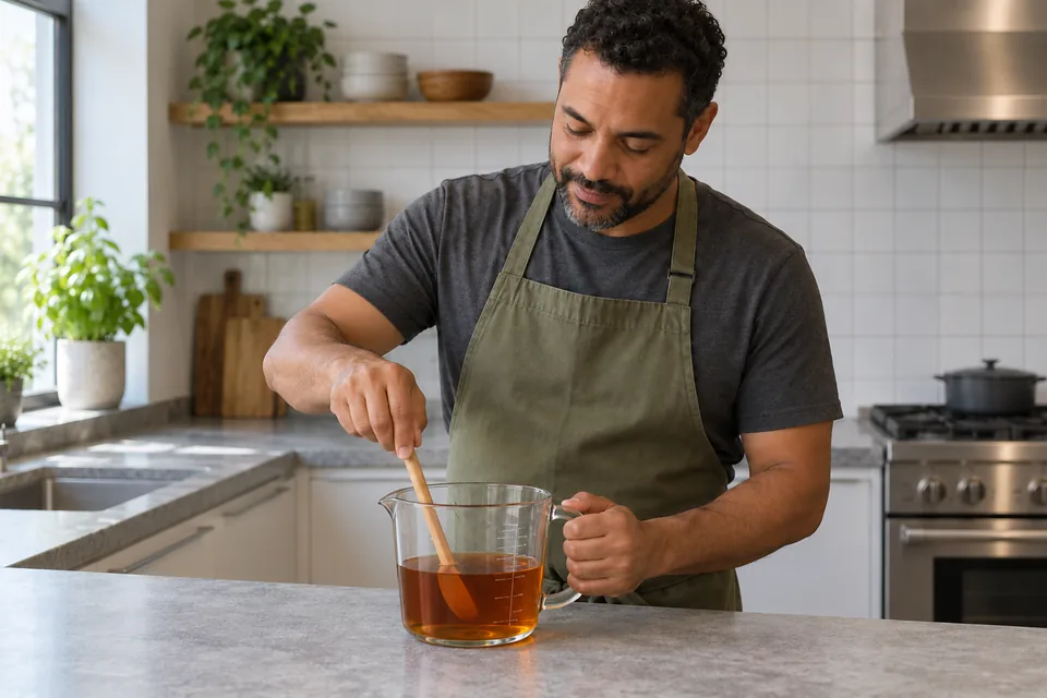 Cook stirs translucent amber-brown treacle liquid in a clear measuring jug.