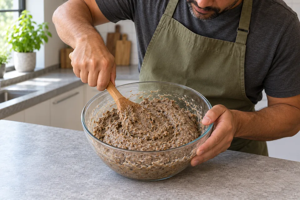 Cook presses sticky gray-brown rye dough with a wooden spoon while holding a glass bowl.