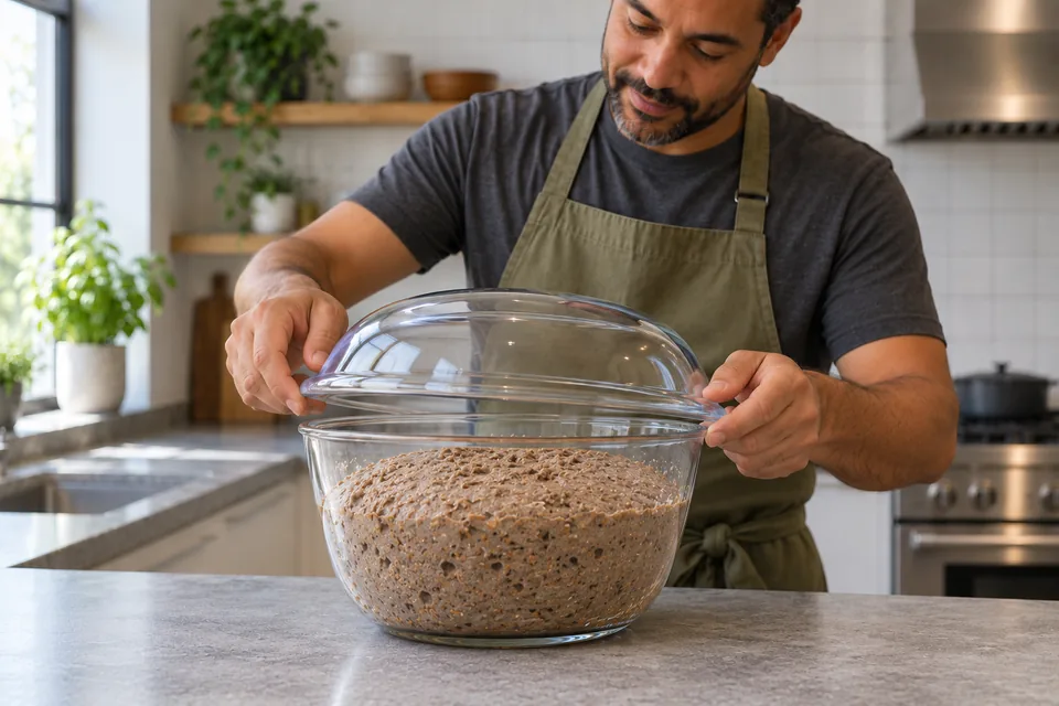 Cook lowers a clear dome cover over aerated rye dough with bubbles visible through the glass bowl.