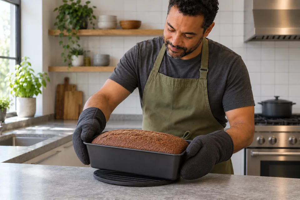 Cook wearing oven mitts lowers a tin holding one dark-brown rye loaf onto a trivet.