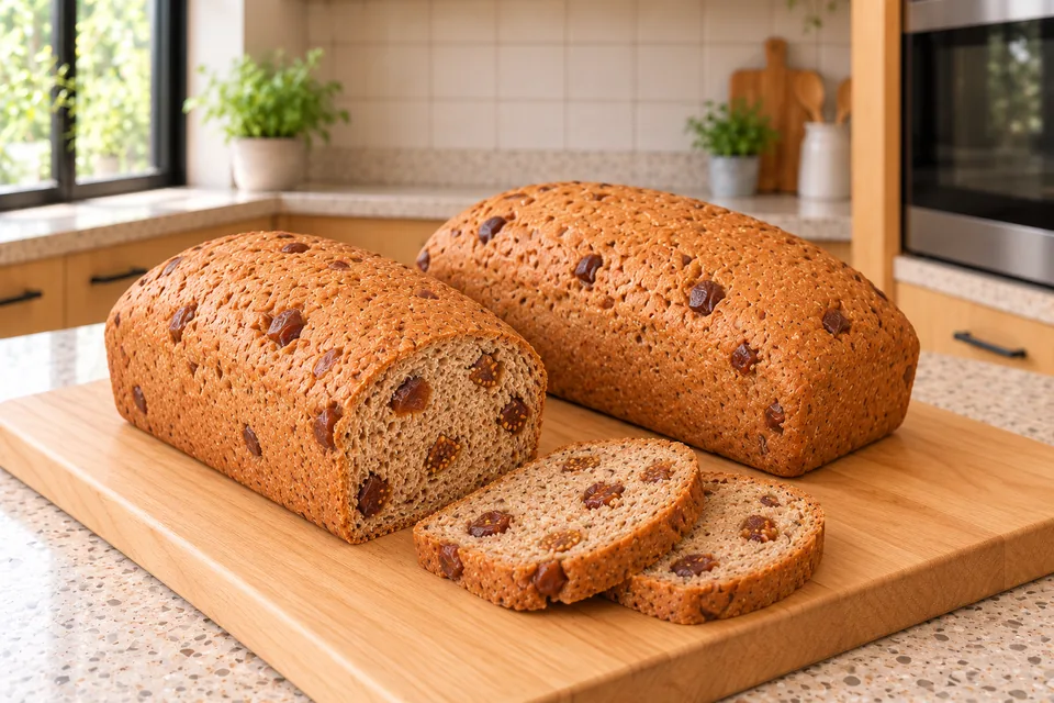 Two small loaves and two slices show dates and figs in a wholemeal crumb.