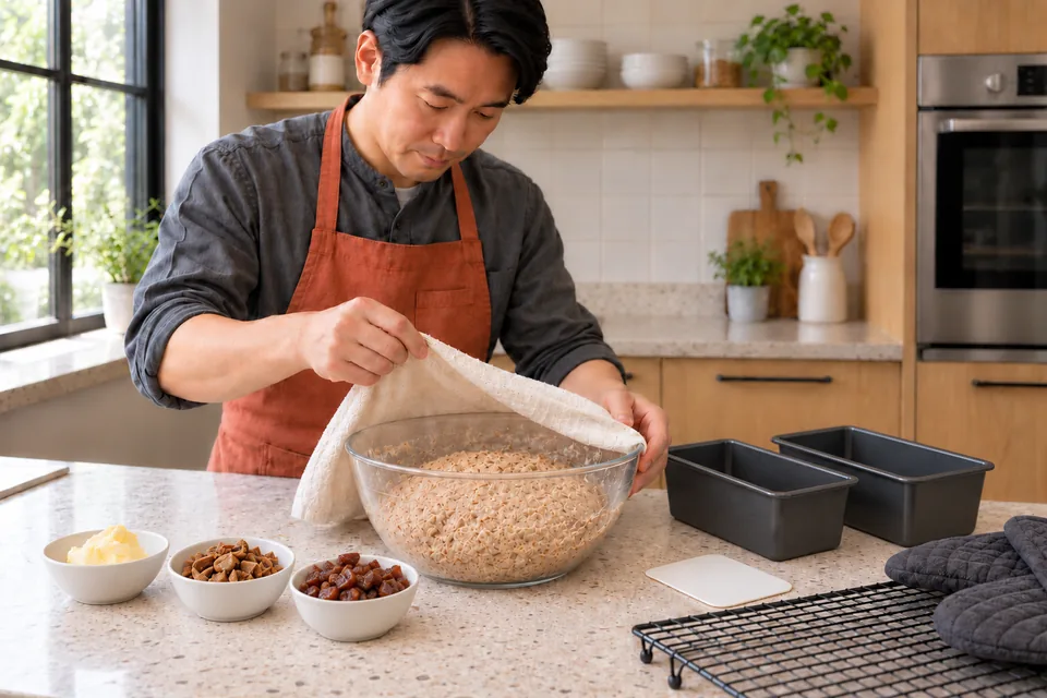 The cook uncovers a rough wholemeal dough beside butter and chopped dates and figs.