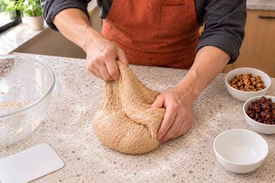 Hands stretch an elastic wholemeal dough before fruit is added.