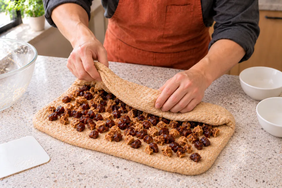 Hands distribute small pieces of dates and figs through the dough.
