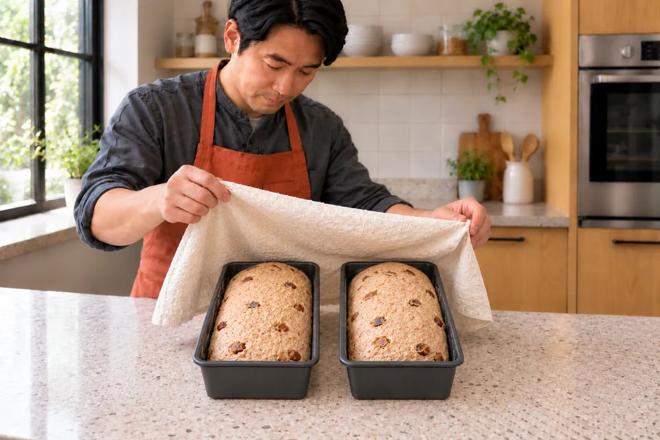 Two risen fruit loaves are ready for the oven.