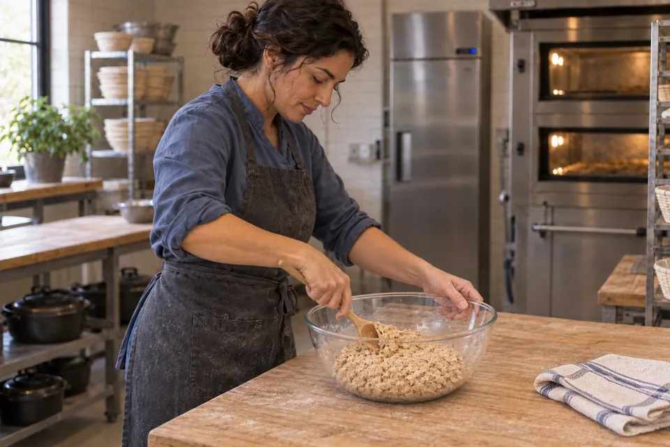 The cook mixes a modest quantity of rough wholemeal dough in a clear bowl.