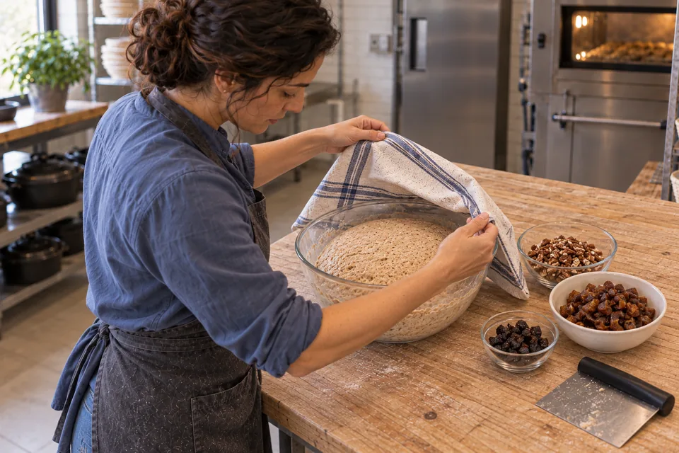The cook uncovers risen wholemeal dough beside chopped dates, prunes and pecans.
