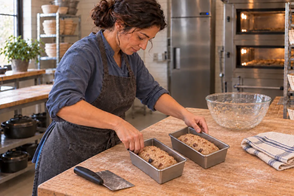 Two compact fruit-and-pecan dough logs sit below the rims of small steel tins.