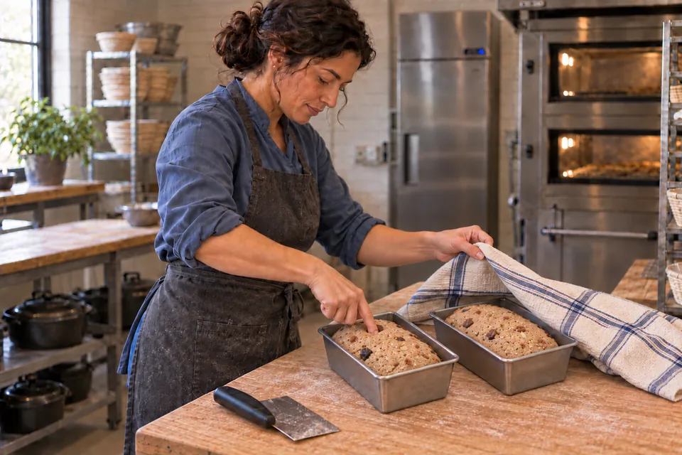 The cook checks the gently risen fruit-and-pecan loaves in their small tins.