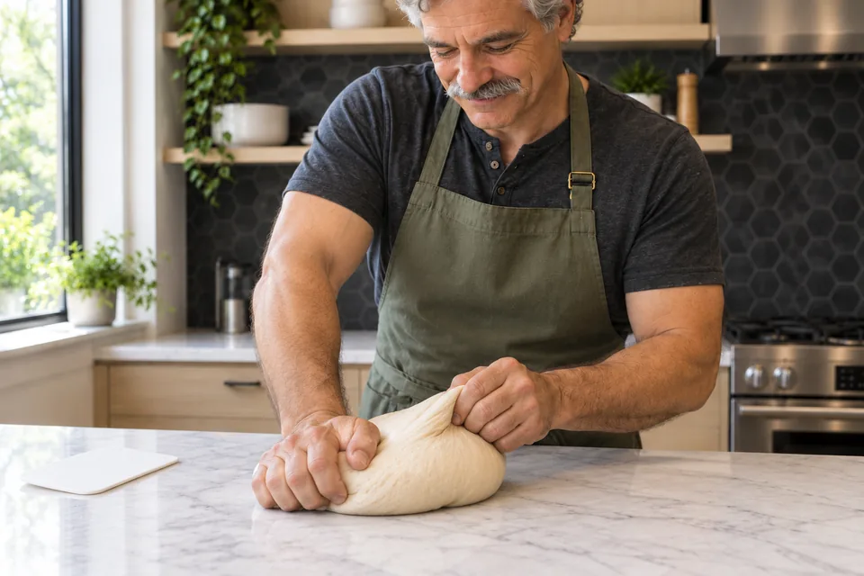 The cook stretches and folds one smooth pale dough on the counter.