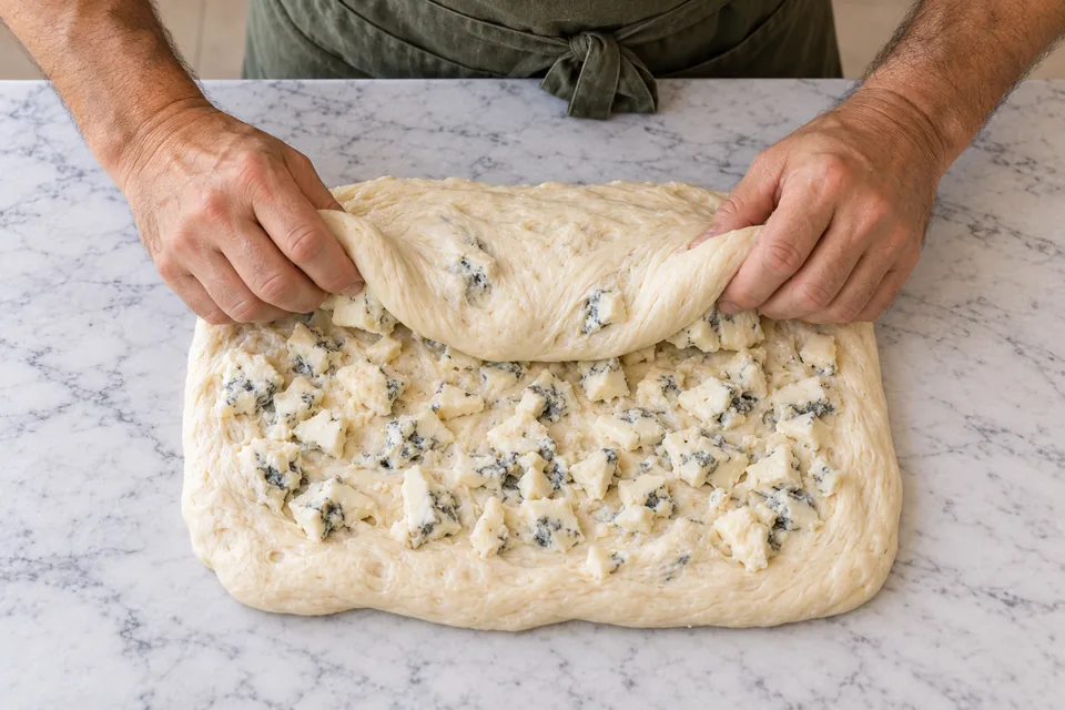 The cook folds a thick dough rectangle over small cream-and-blue pieces of Dolcelatte.
